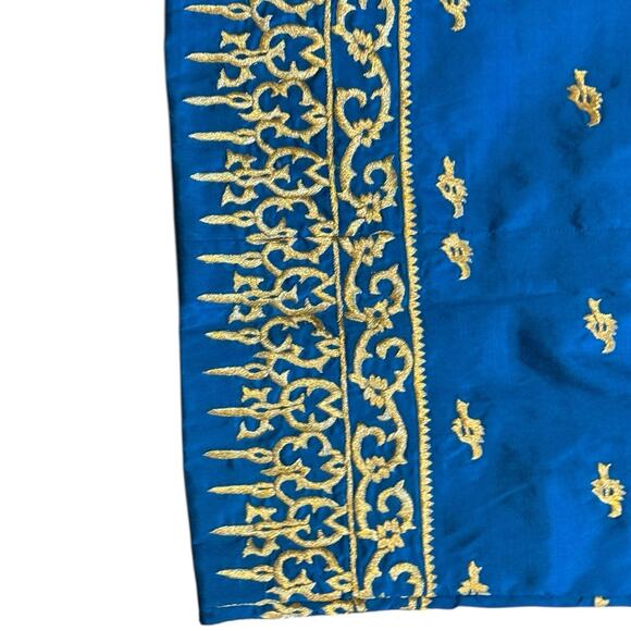 Turquoise Blue Sari Skirt with Golden Embroidery & Sash w/Beaded Trim 30” x 38” - Picture 6 of 8